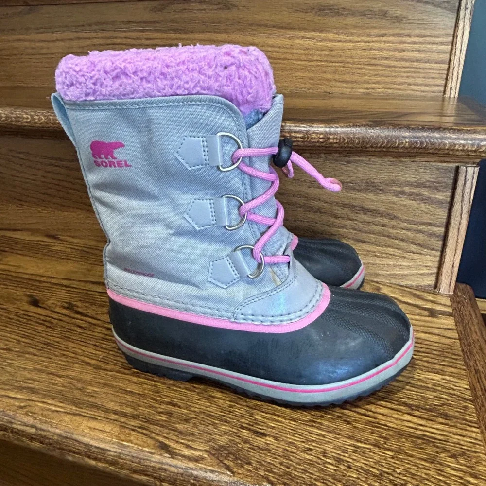 Sorel Yoot Pac Nylon Snow Boots Kids Size 3 Grey Pink Good Waterproof Insulated